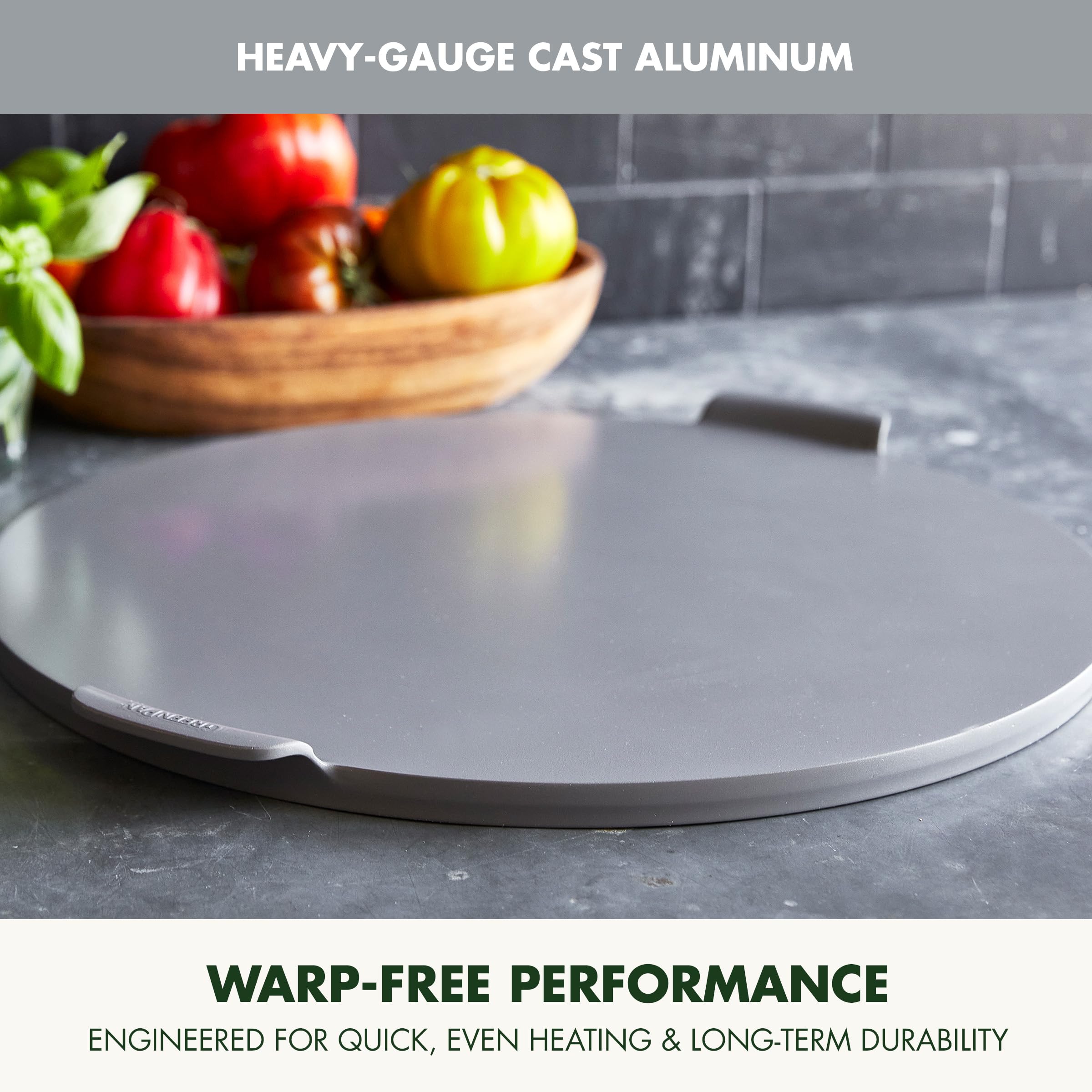 GreenPan Premiere Ovenware patelnia do pizzy 42 cm, zdrowa ceramiczna nieprzywierająca, nie zawiera PFAS, nadaje się do piekarnika, nadaje się do mycia w zmywarce, szara