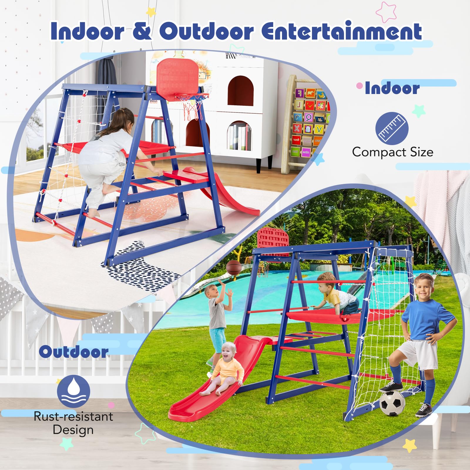 HOMASIS Parco Giochi per Bambini da Esterno con Scivolo, Scala per Arrampicarsi, Scala a Corda, Rete da Calcio, Canestro da Basket, Piattaforma in Tessuto, per Bambini da 3 a 7 Anni, 150x142x146cm