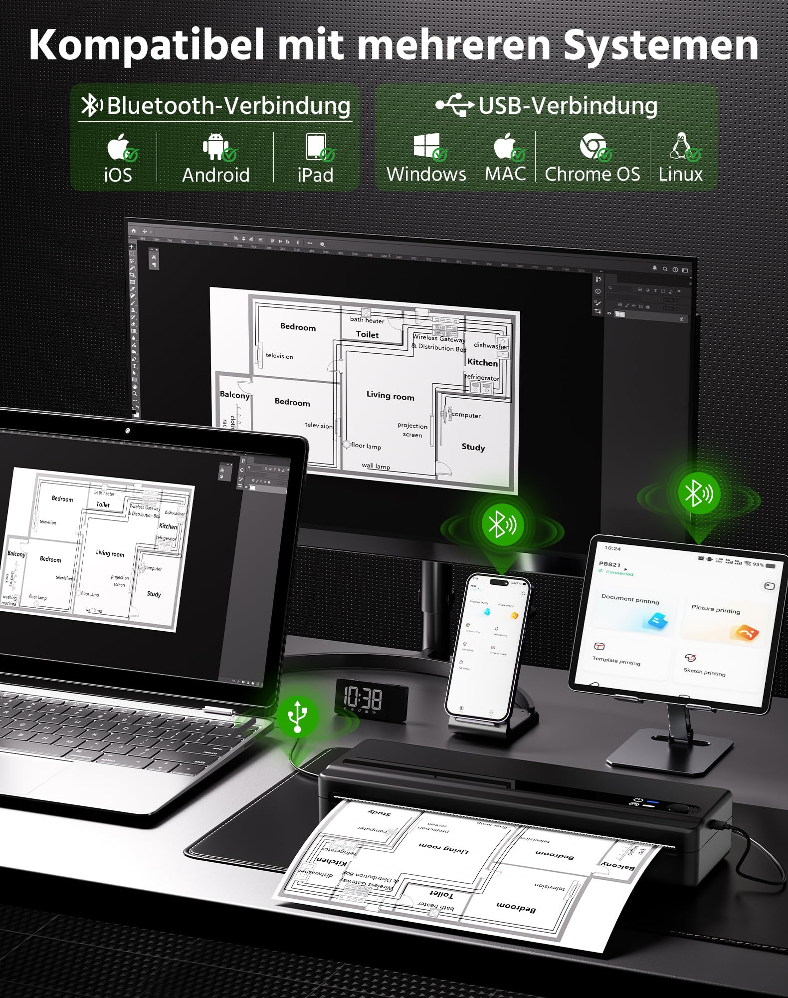 PB821 Thermodrucker A4, Bluetooth Mobiler Drucker A4 für Unterwegs, Büro, Schule, Zuhause, Kompatibel mit Smartphones und Computern, Tragbarer Drucker mit 3 Rollen Thermopapier, Schwarz
