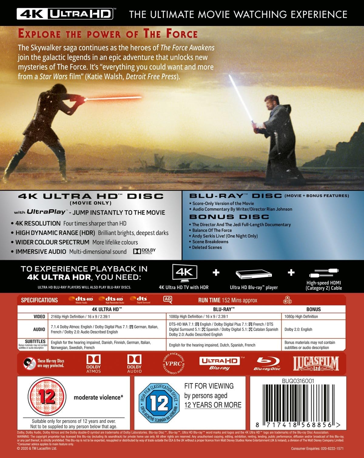 Star Wars Sequel Trilogy: The Force Awakens / The Last Jedi / The Rise of Skywalker [9-Disc Set] [4K UHD + Blu-ray] [Region Free]