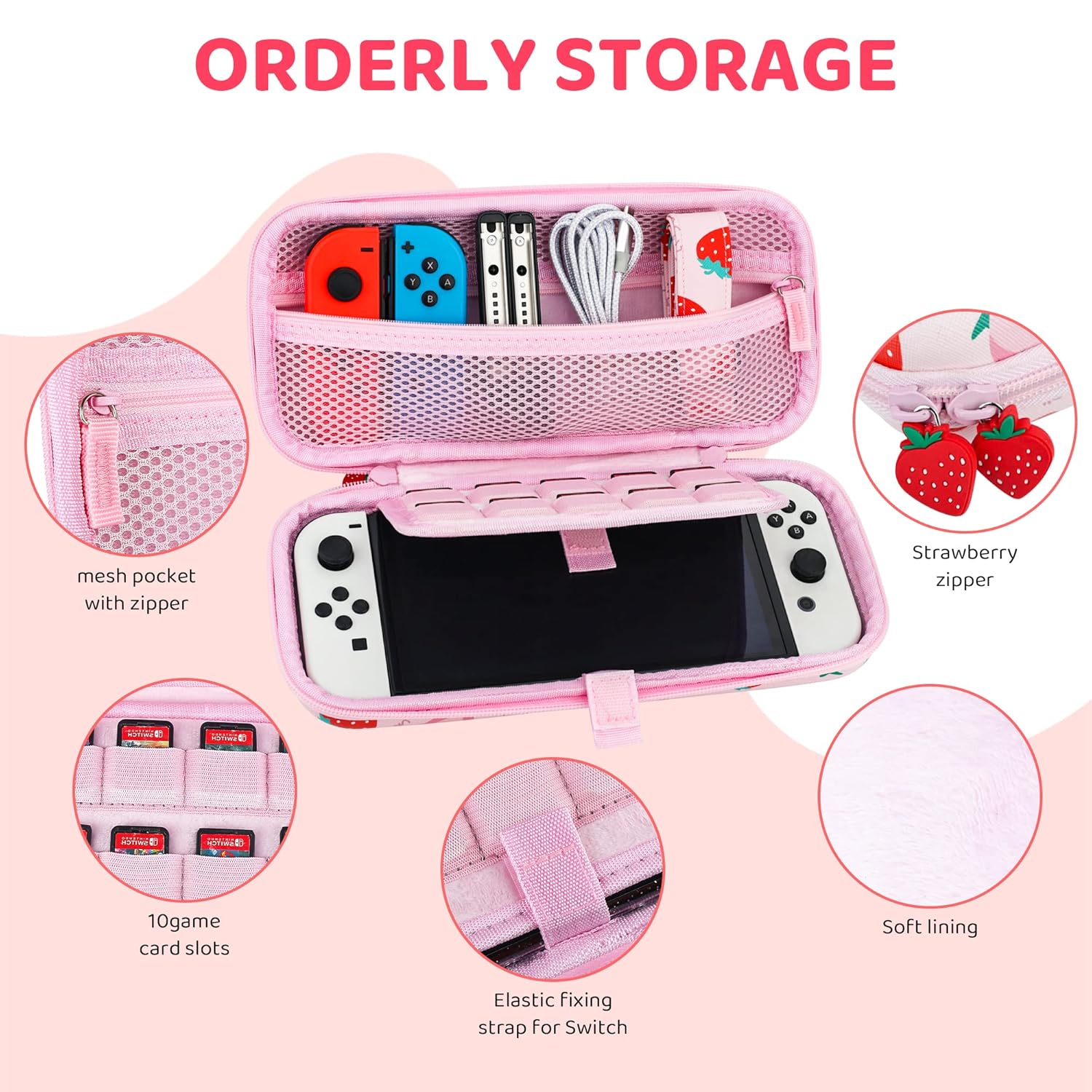 FANPL Carrying Case for Nintendo Switch & Switch OLED, Pink Strawberry Travel Case with Adjustable Shoulder Strap, Hard Shell, Thumb Grips, Anti-Scratch