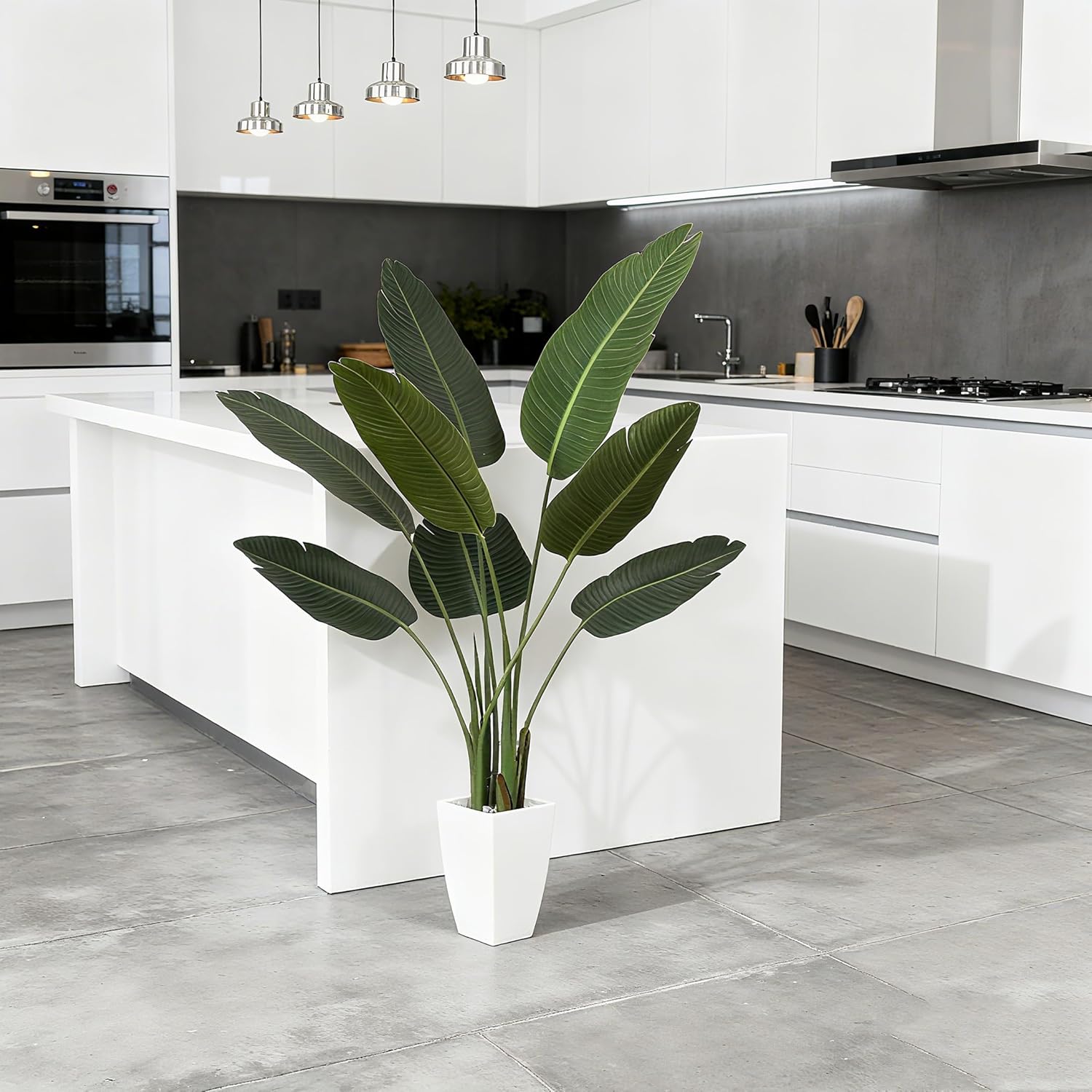 Artificial Bird of Paradise Plant, 4Ft Fake Floor Plants with White Taper Planter, Fake Palm Tree for Indoor Home Decor Office Living Room, Set of 1