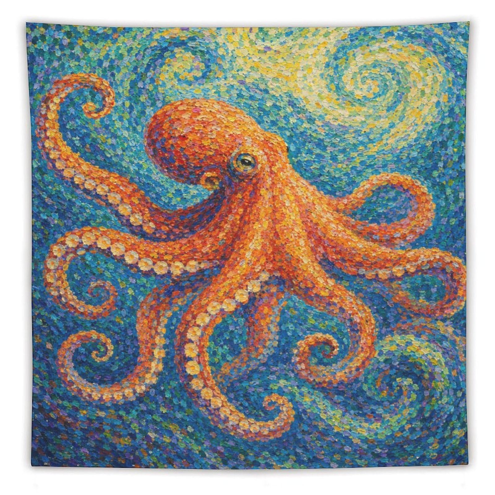 W7C8U2X3 Orange Octopus Wall Tapestry, Impressionist, Pointillist Ocean