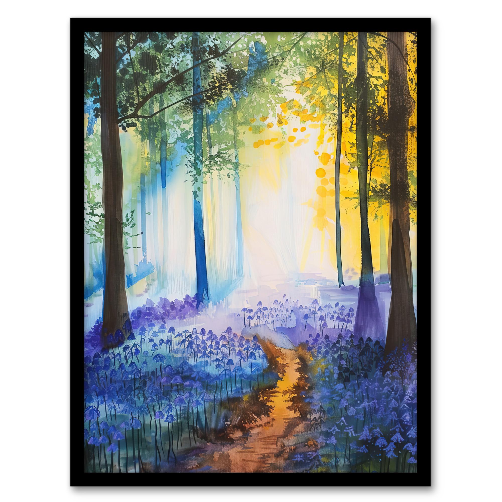 Artery8 Bluebell Woods Misty Forest Morning Watercolour Living Room Artwork Framed Wall Art Print A4