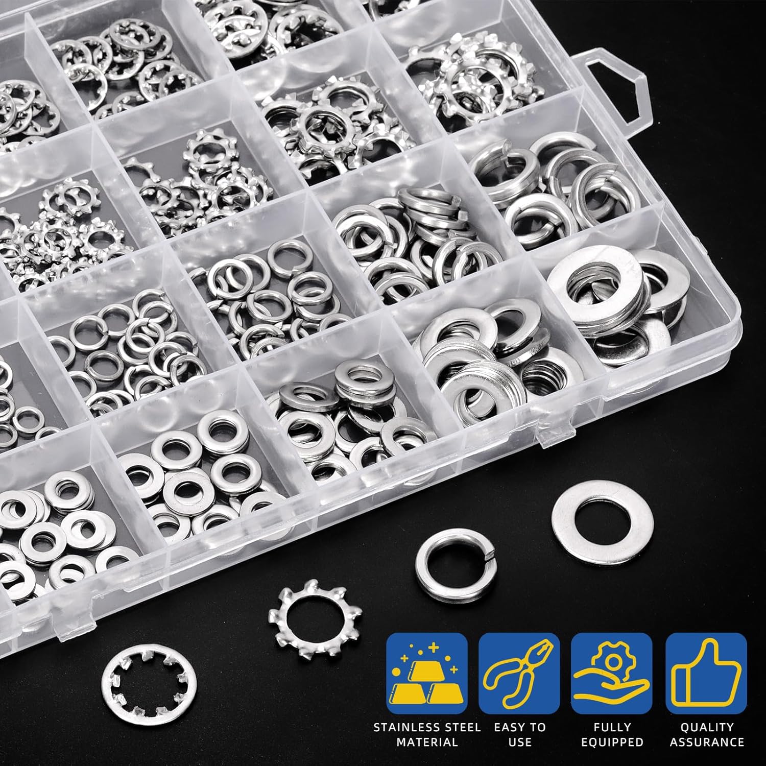 Glarks 400pcs M3 M4 M5 M6 M8 M10 External & Internal Tooth Lock Washers and Split Lock Washers with Flat Washer Set, 304 Stainless Steel