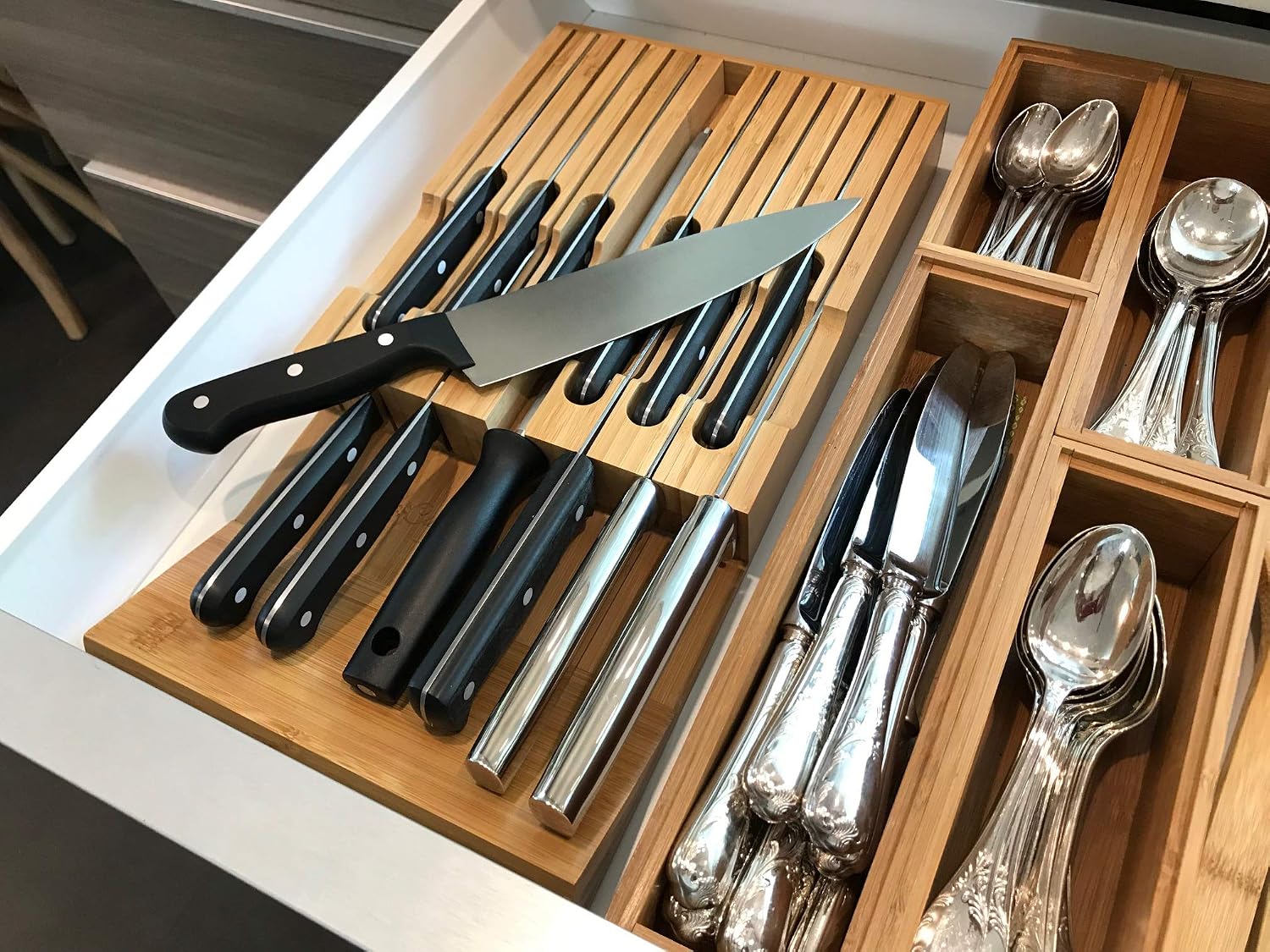 Kitchen Knife Block Drawer Knife Holder | Kitchen Drawer Organizer For 12 Knives Plus Knife Sharpener Slot | Drawer Knife Block | Universal Knife Block Knifes Holder | In Drawer Knife Organizer