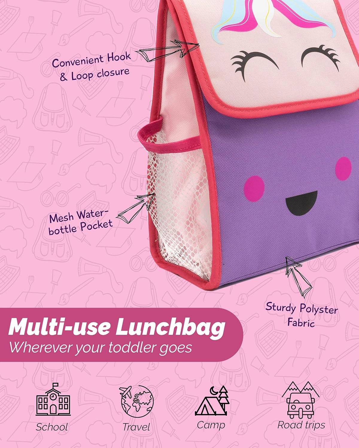 Kids Lunch Bag - Insulated Unicorn Lunch Bag Kids with Water Bottle Holder - Reusable Snack Bags for Boys and Girls, Lunch Box Kids Perfect for School Camp Travel - Unstoppable Unicorn