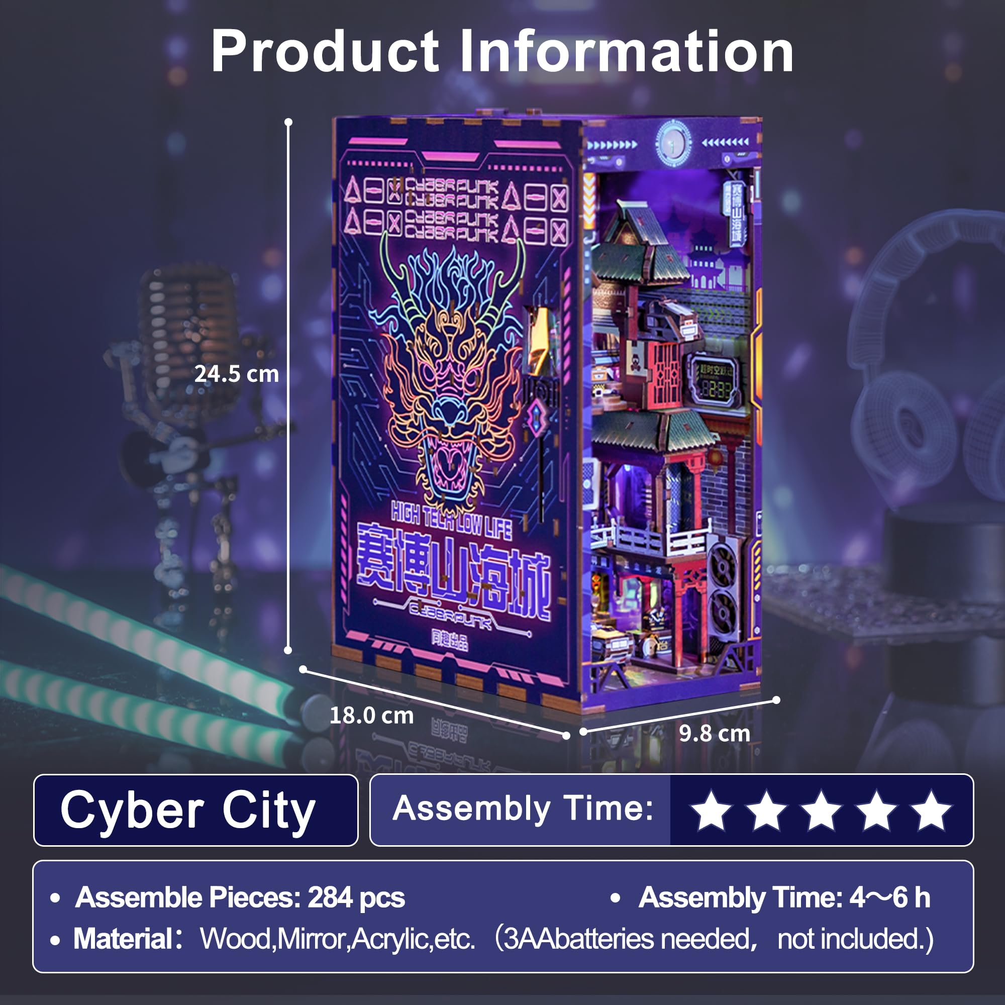 Tonecheer DIY Book Nook Kit for Adults, 3D Puzzle Wooden Miniature House Kit, Booknook Dollhouse Bookshelf Insert Decor Bookend with Dust Cover and LED Lights Gifts (): Cyber City