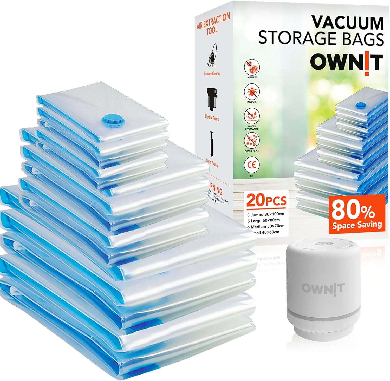 OWNIT 20 Pack Vacuum Storage Bags with Electric Pump, Space Saver Bags