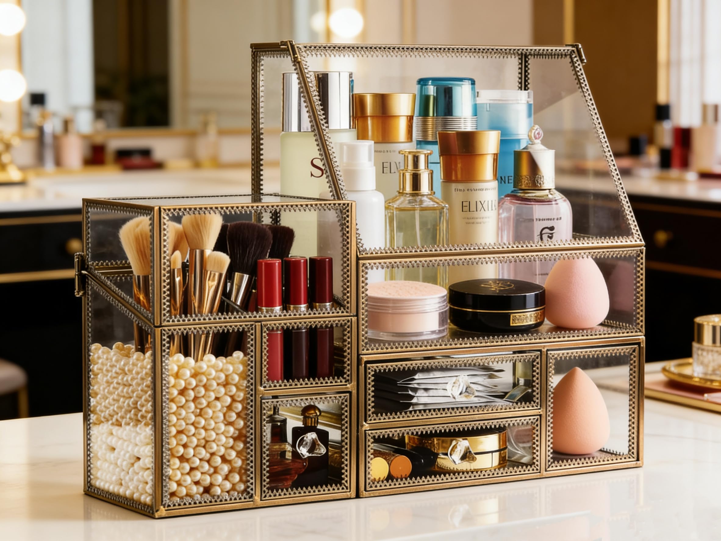 Amazon.com: Youdepot Tempered Glass Makeup Organizer Countertop Vantity, Luxury Tempered glass, Skin Care Organizer, Drawers