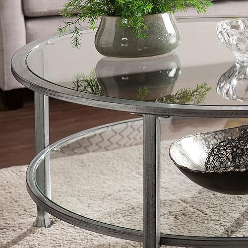 Miniatura 4 de SEI Furniture Jaymes - Mesa auxiliar redonda de metal y vidrio de 2 niveles, color plateado y negro