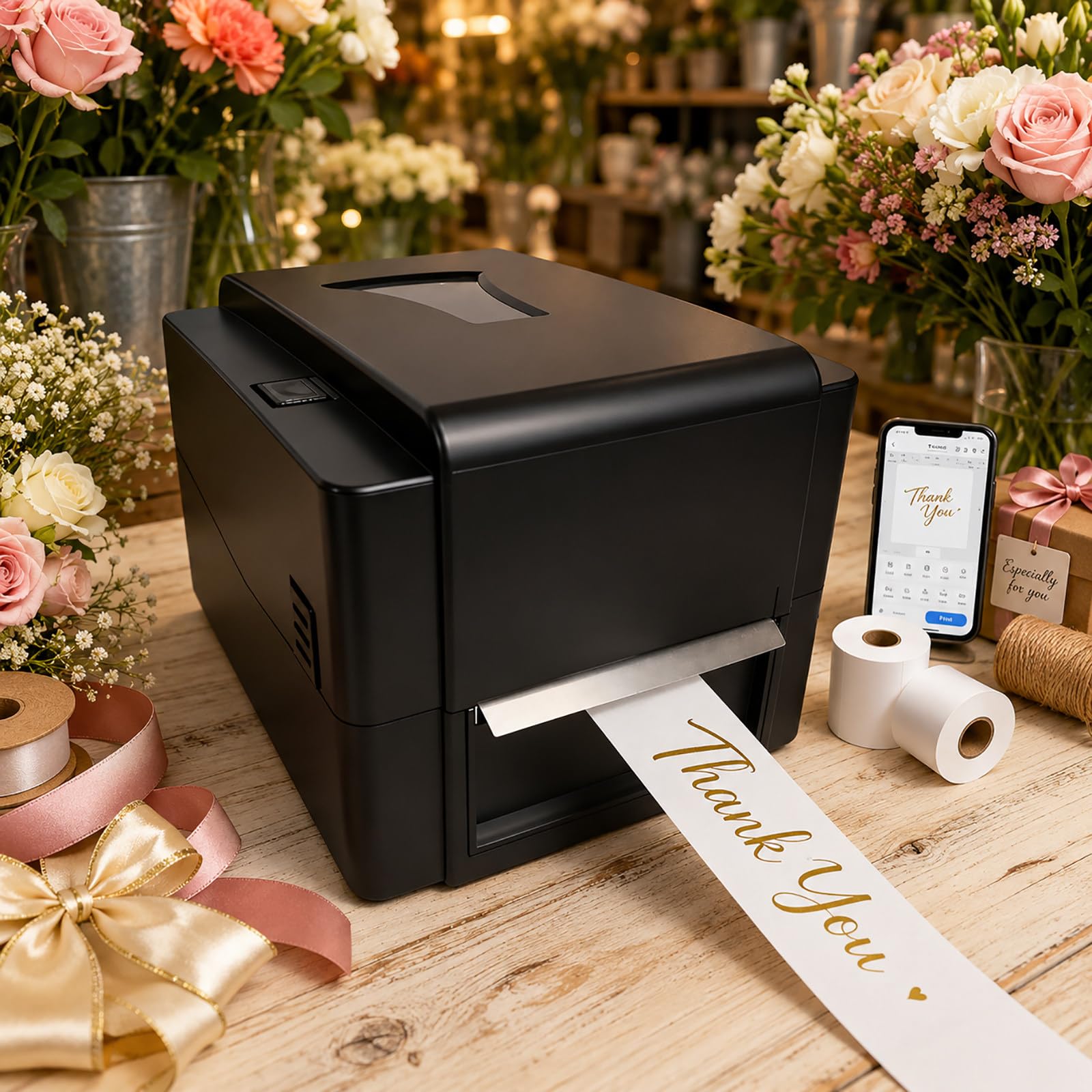 vnmudzeo 300 DPI Dual Mode Label Printer — Thermal Transfer Barcode Printer for Wash Care Labels, Nylon Ribbons, Satin Ribbons and Roll Media