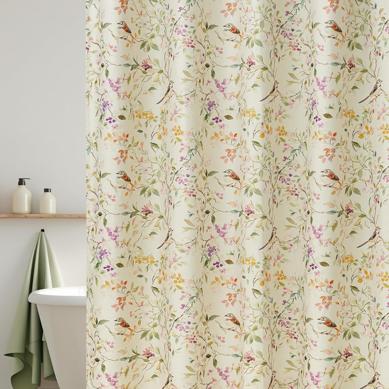 Floral Bird Shower Curtain Linen, Colorful Botanical Flower Shower Curtain for Bathroom 72x72, Luxury Farmhouse Chic Bathroom Décor