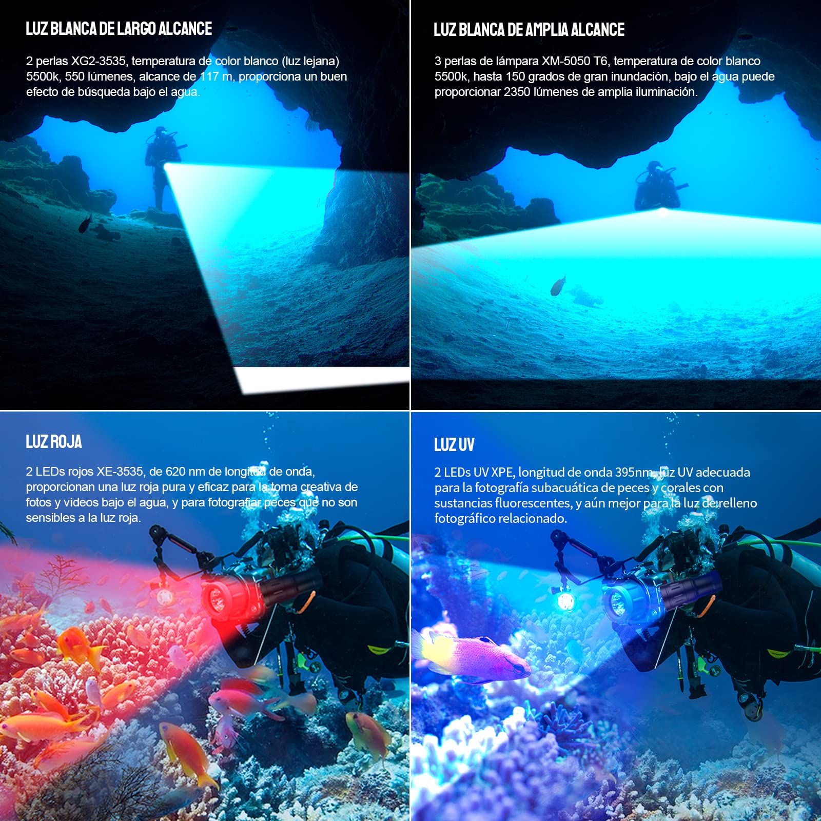 TrustFire Linterna Buceo, DF35 Foco Buceo Recargable 2350 Lúmenes, Linterna Sumergible Profesional 70M Impermeable, 3 Diferentes de Iluminación（Luz de Blanca, UV, Roja) para cámara, fotografía