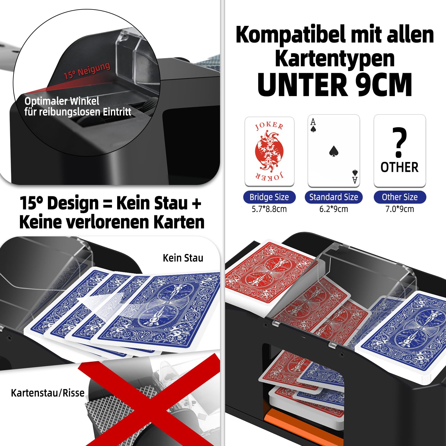 Mescolatore automatico di carte – Silenzioso e con batteria da 2000 mAh – Mescola 2 mazzi di carte – Compatibile con Poker, Bridge, Rommé, Skat