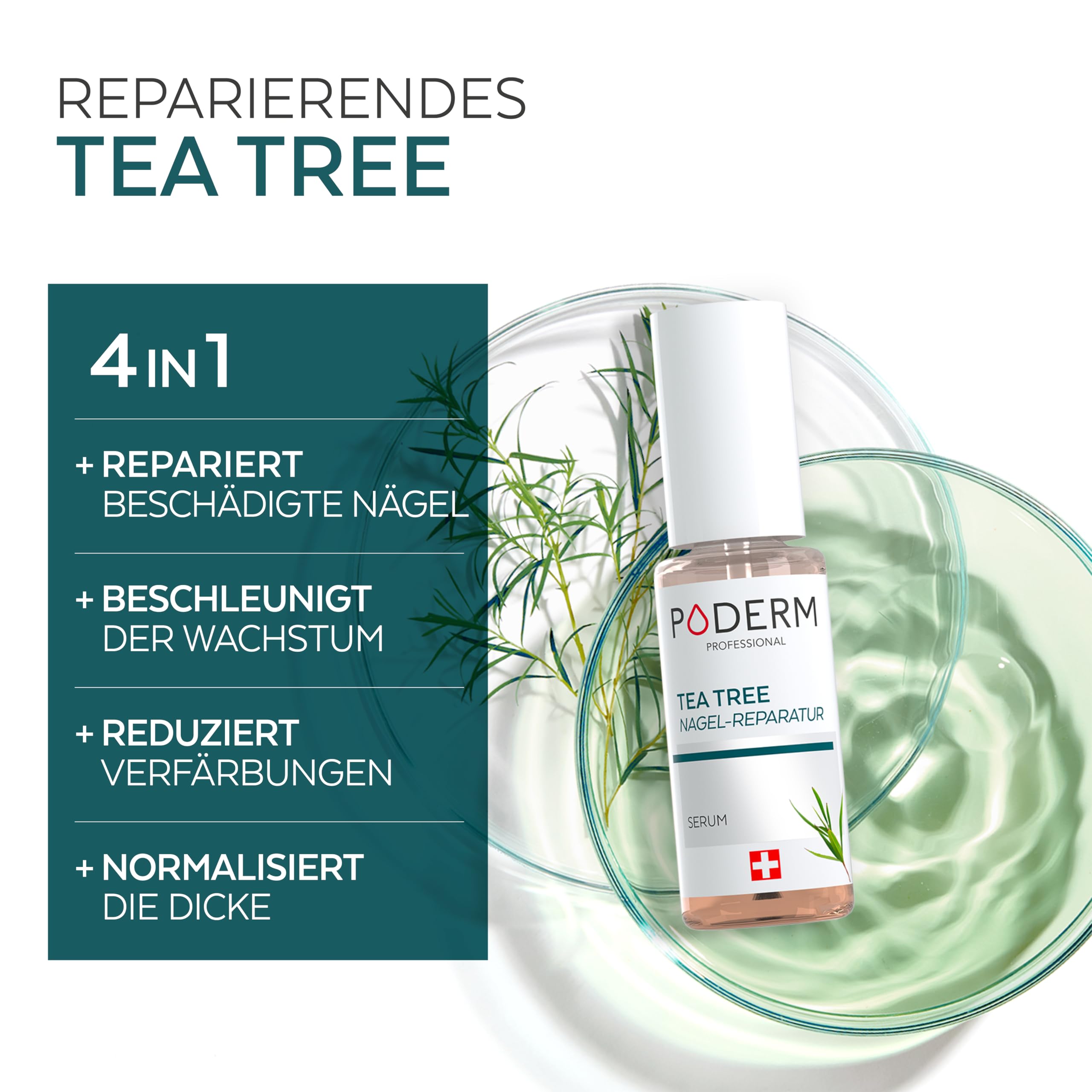 PODERM Tea Tree Nagel-Repair-Serum 6 ml – 4-in-1 Pflege | Verbessert das Erscheinungsbild beschädigter, vergilbter und matter Nägel – Sichtbare Ergebnisse ab dem 1. Tag – Swiss Made