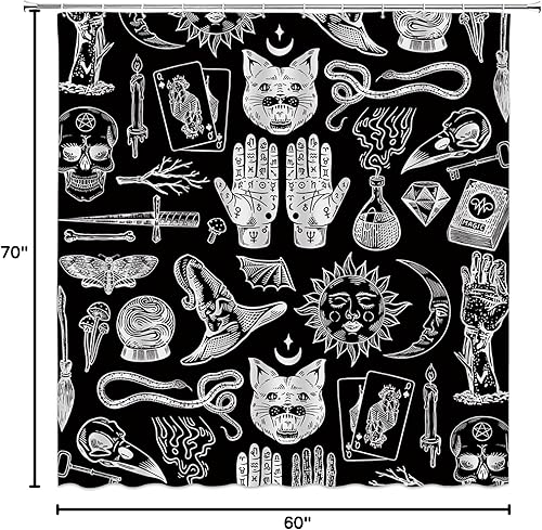Miniatura 5 de Cortina de ducha de bruja de Halloween, color negro, espeluznante, alquimia gótica, psíquica, espeluznante, calavera, esqueleto, tablero de Ouija,