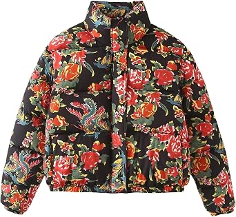 Women Floral Puffer Jacket Cropped Lightweight Quilted Coat Warm Vintage Boho Streetwear