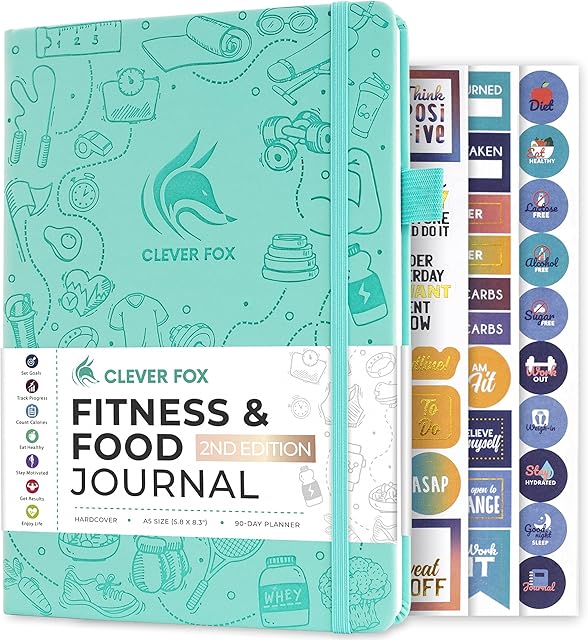 Clever Fox Fitness & Food Journal  Nutrition & Workout Planner for Women & Men  Diet & Gym Exercise Log Book with Calendars, Diet & Training Trackers - Undated, A5, Hardcover (Turquoise)