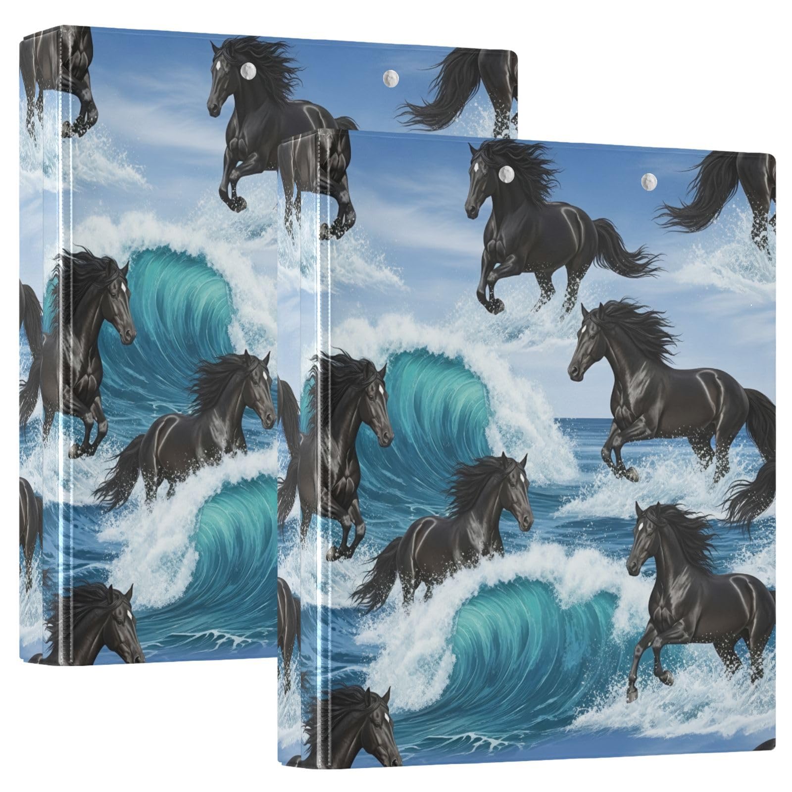 Black Horses Ocean Waves - Raccoglitore a 3 anelli, flessibile, confezione da 2