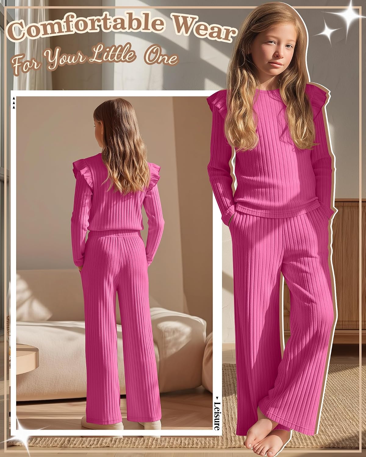 Girls 2 Piece Outfits Kids Long Sleeve Crew Neck Ribbed Ruffle Tops and Wide Leg Pants Set Fall Teen 5-14 Years
