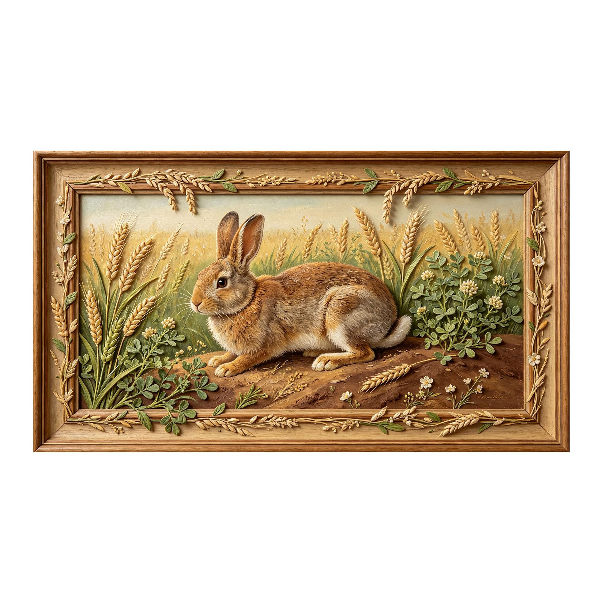 Murasolite 3D 3D Framed Wall Art 50cm×90cm Pastoral Rabbit Meadow Relief Effect SelfAdhesive Fabric Mural Wall Decor, Peel and Stick No Damage to Wall for Bedroom Living Room