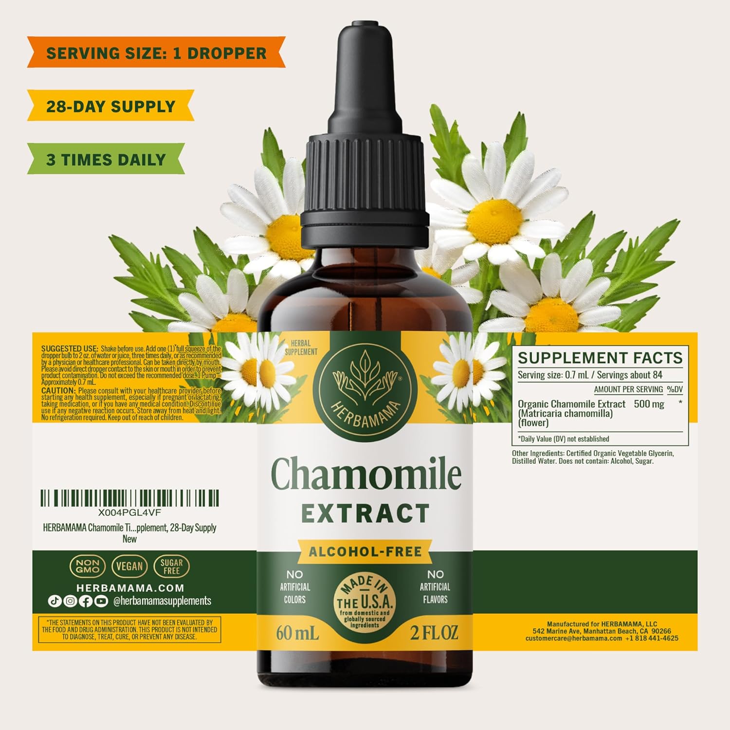 HERBAMAMA Chamomile Tincture - Vegan Relaxation & Calm Support with Chamomile Flower Extract Drops - Non-GMO, Alcohol & Sugar-Free Liquid Calming Supplement, 28-Day Supply - Image 8