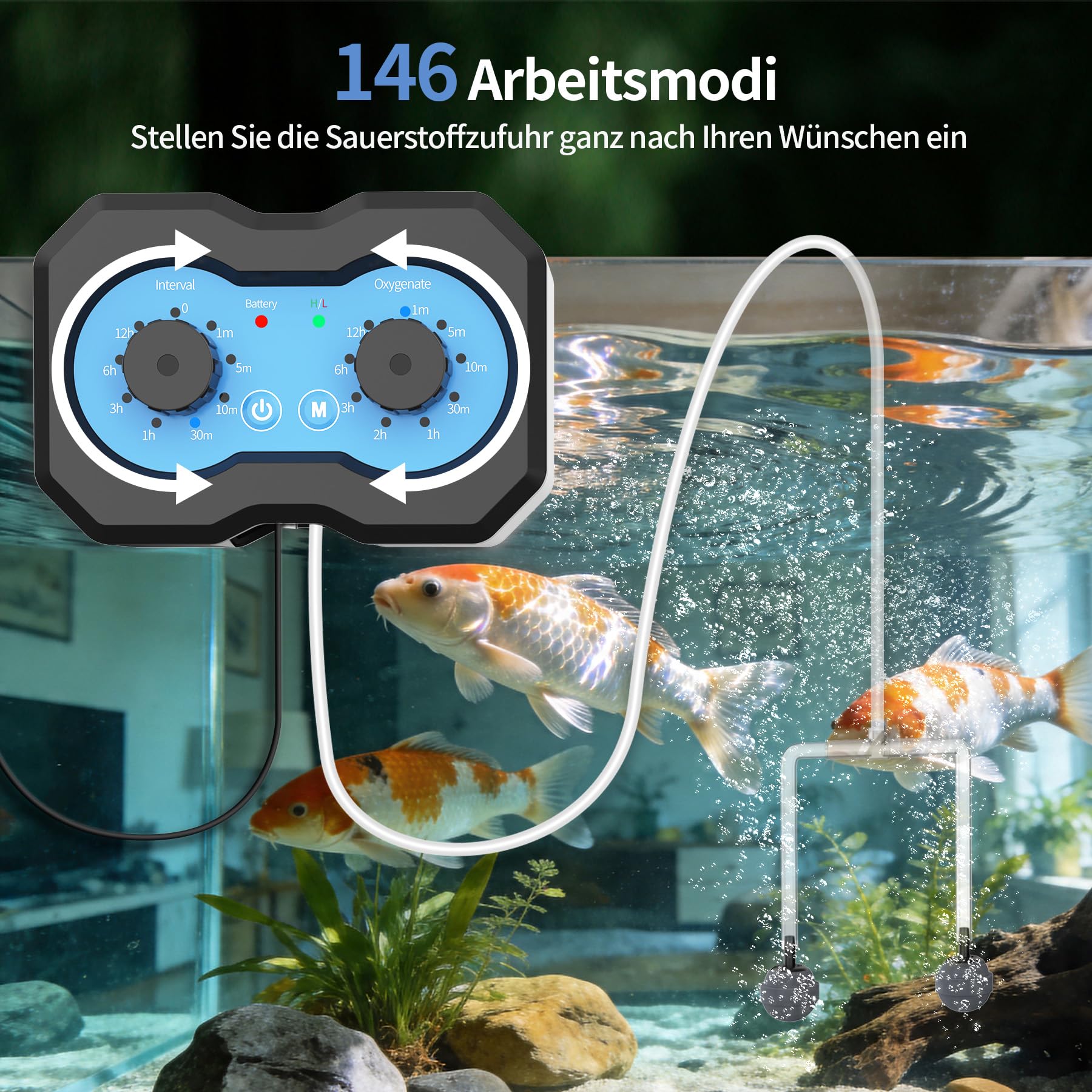 Teichbelüfter Solar mit Akku, 3W Solar Sauerstoffpumpe für Teich, Aufladbar Aquarium Luftpumpe mit 2200 mAh 146 Modi für Wasserzirkulation im Garten Teich Aquarium Fischzucht