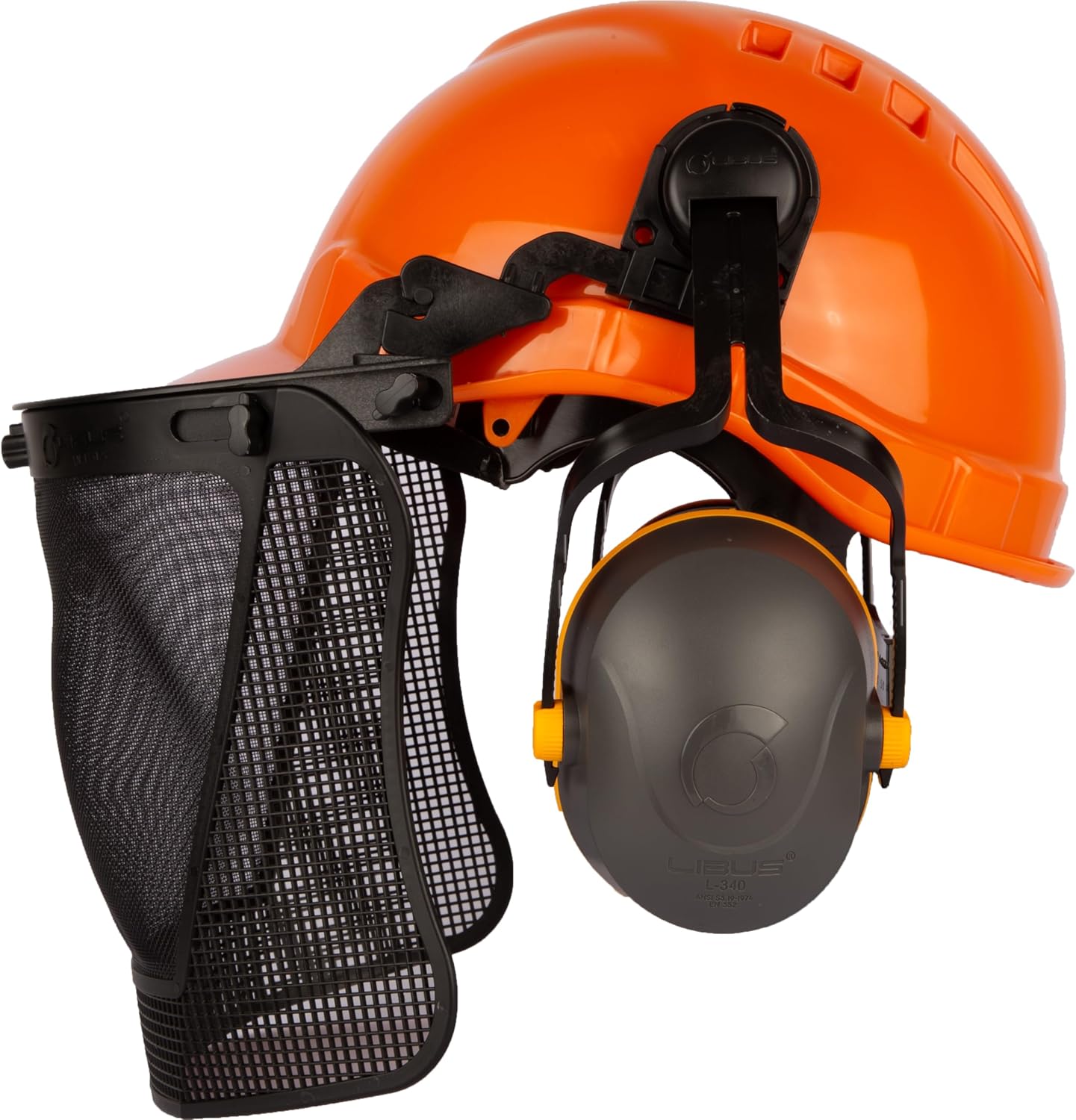 LIBUS Forestry Safety Kit – Integrated Face, Hearing & Head Protection Set with Mesh Face Shield, L-340 Ear Muffs, Chin Strap & High-Visibility Helmet for Industrial Outdoor Use