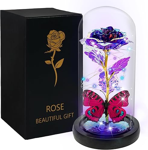 DONODA Regalo de rosa para mujer, regalo de flor de cristal de galaxia con luz en cúpula de cristal, Navidad, Acción de Gracias, día de San