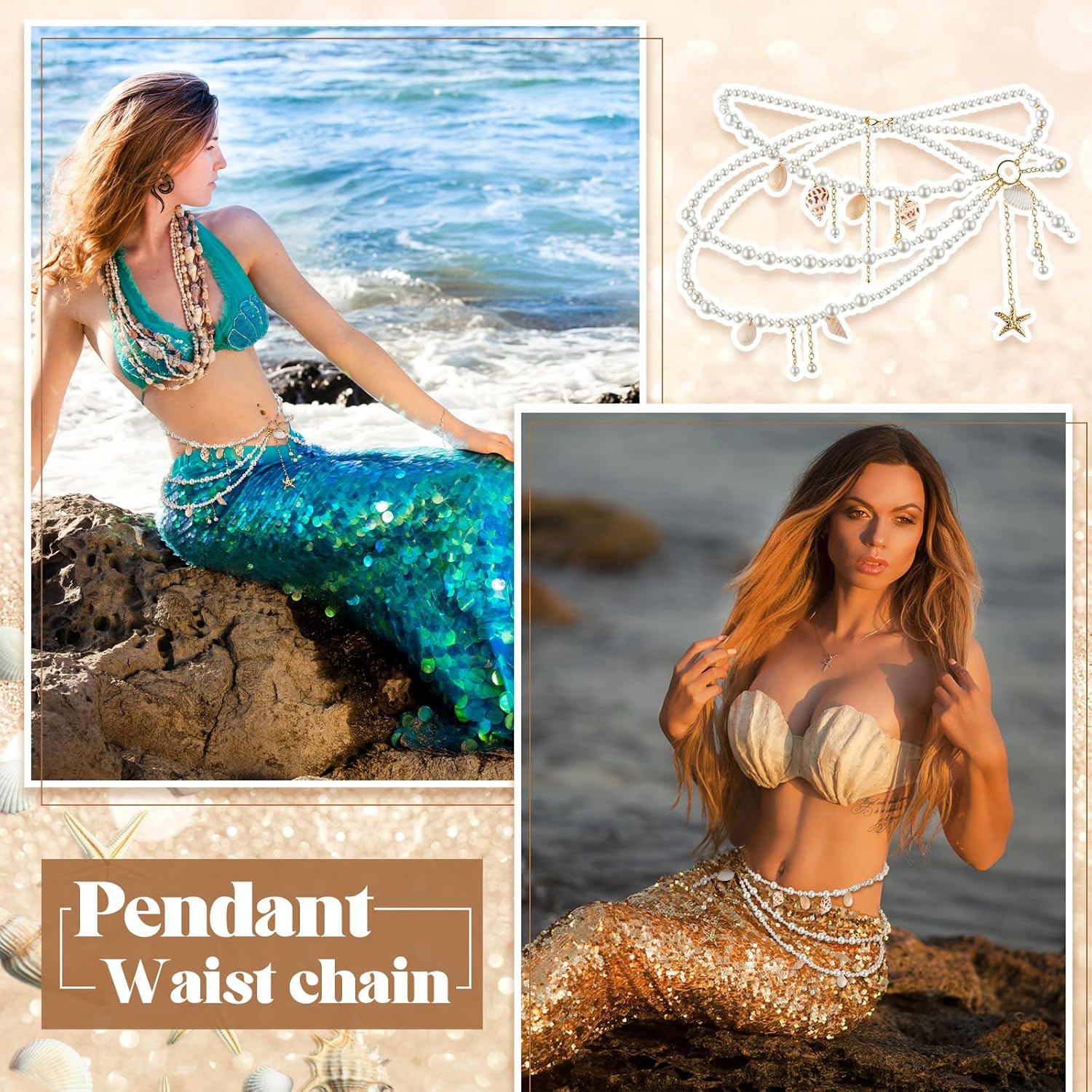 Tondiamo Pearl Belly Chain Layered Waist Body Chains Mermaid Beach Conch Starfish Bikini Belly Jewelry Fashion Beach Rave Party Club Body Accessories Jewelry for Women, 29.5-37.4 In - Image 5