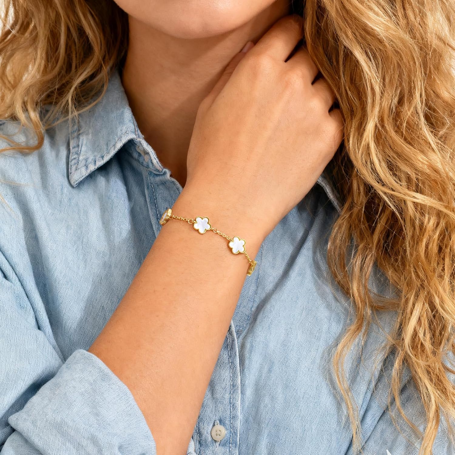 14K Gold Plated White Mother of Pearl Clover Bracelet 925 Sterling Silver Four Leaf Clover Bracelet for Women - Lucky Jewelry Gifts for Her - Image 2