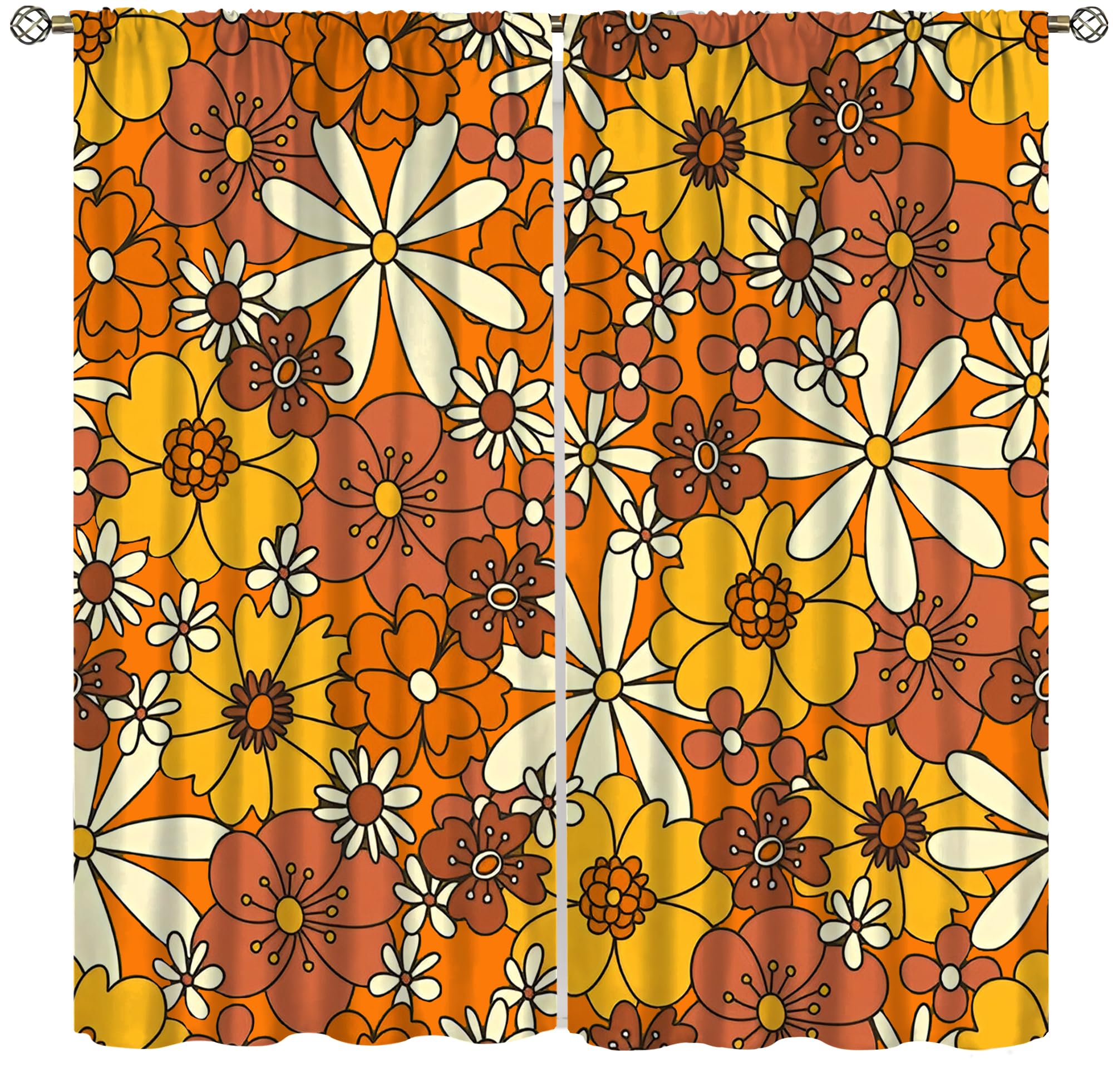 SYZWWSYX Vintage Hippie Floral Theme Curtains, Retro 70S Flower Orange Boho Floral Drapes for Kitchen Bedroom Living Room Window Treatments, 84x84