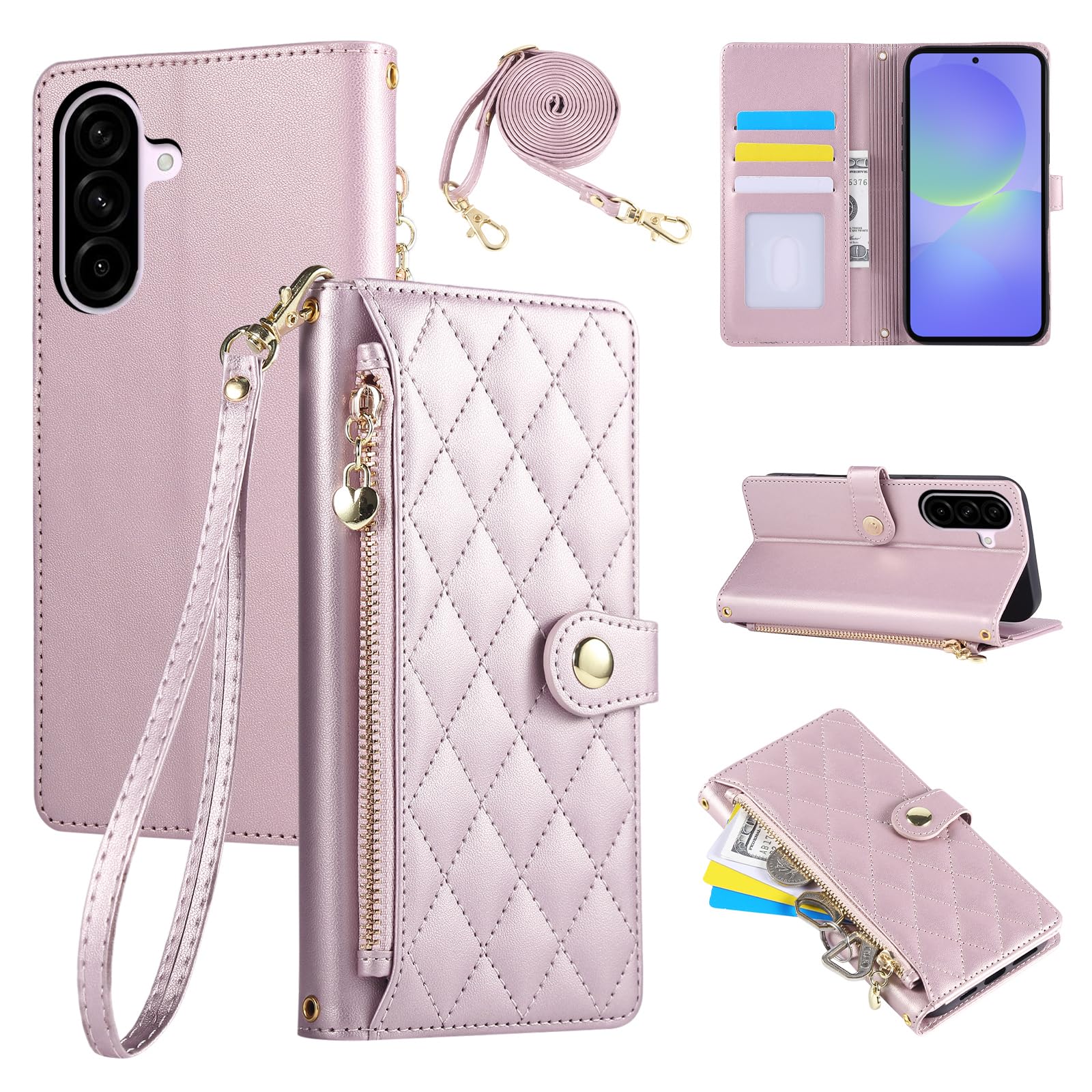 Wallet Case for Samsung Galaxy A37 5G 2026, PU Leather Mobile Phonecase with Diamond Lattice Embroidery, Galaxy A37 Flip Case with Wrist Strap and Crossbody Long Strap, Pink