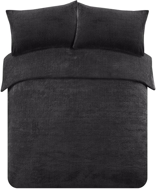 Brentfords Teddy Fleece Duvet Cover with Pillow Case Thermal Fluffy Warm Soft Bedding Set, Black - Double