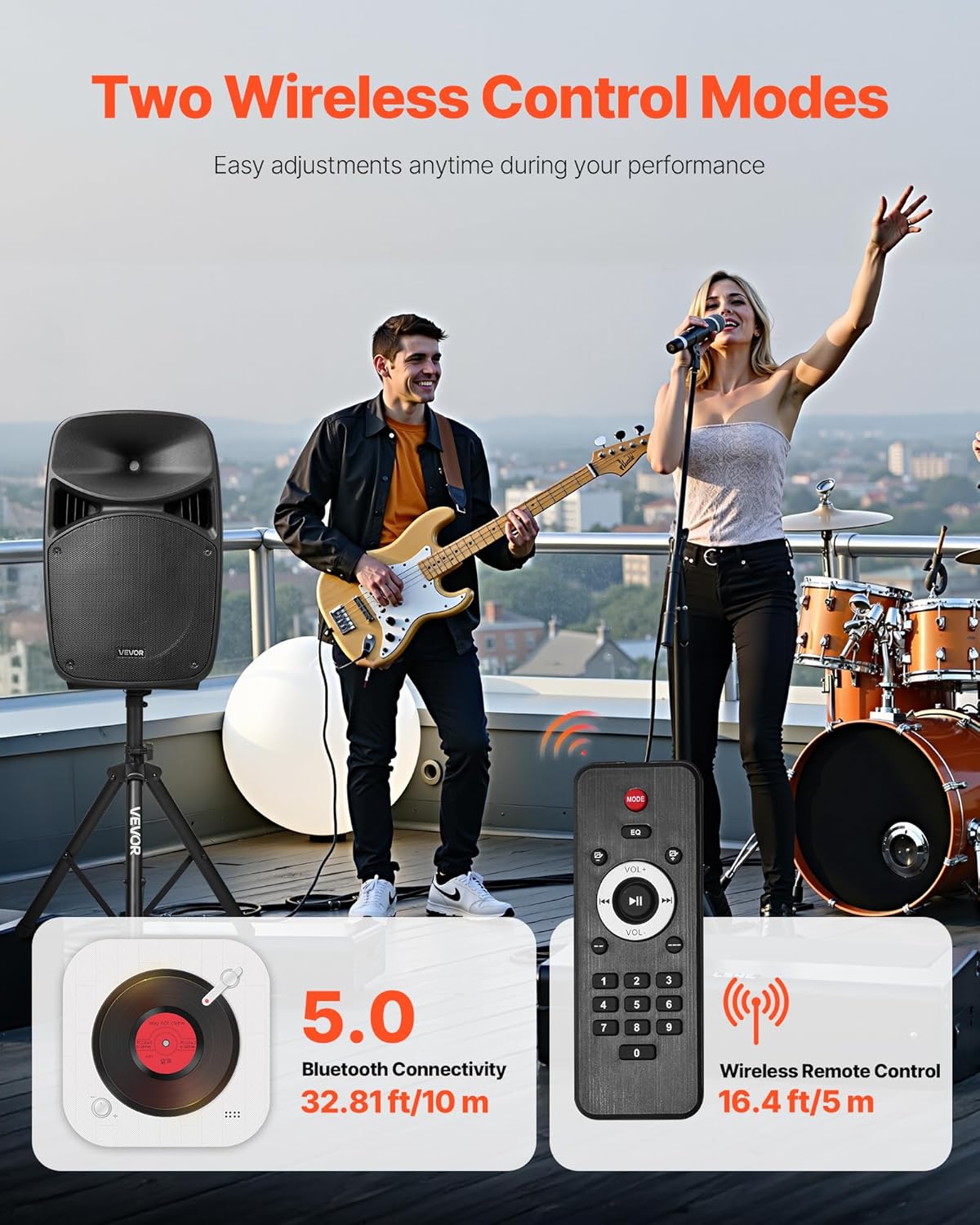 VEVOR Portable PA System, 2000W (PMPO) Powered, Sound System Set with 3 Channel Mixer, Dual Speakers, Wireless Bluetooth, Microphone, Compact Stands, USB & SD Inputs, Remote Control, for DJs Events