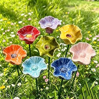 8 pcs Ceramic Flowers for Bees Butterfly Watering Station for Garden Stake bee Blossoms for Water (8 Color Set)