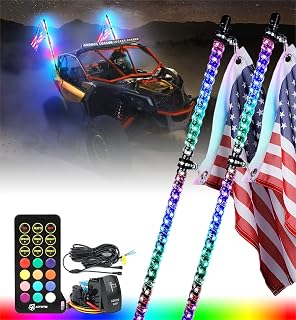 Xprite 3FT 2PCS Spiral RGBW LED Whip Light with Bracket Base Chasing Lights RF Remote Control & Rocker Switch Lighted Antenna Whips for Can-Am ATV UTV RZR Polaris Dune Buggy Offroad Truck