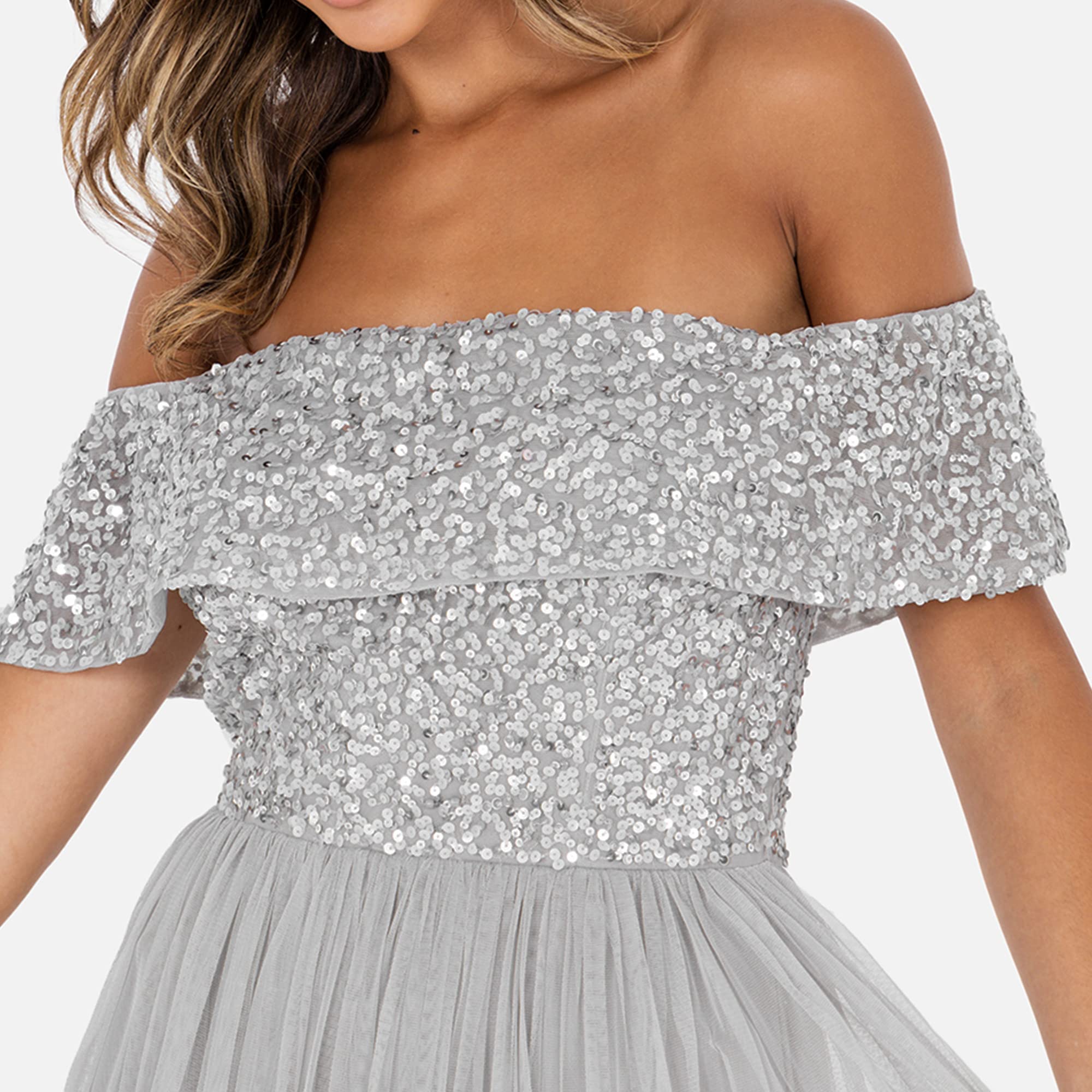 Maya Deluxe Soft Grey Bardot Embellished Maxi Dress Robe de Demoiselle d'honneur Femme