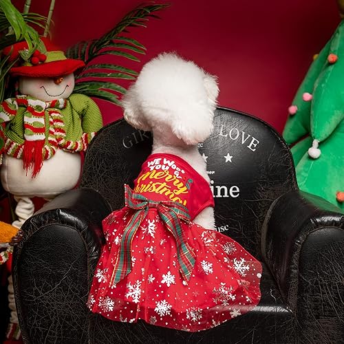 Miniatura 2 de PUPTECK Vestido de Navidad para perro, disfraz de cachorro, ropa para perros pequeños con falda de lazo, pijama Rojo (Navidad)
