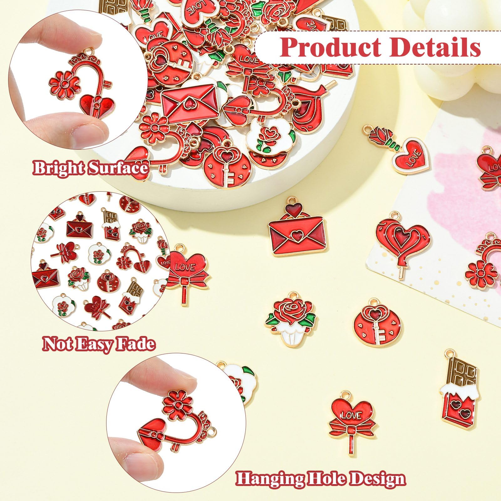 Stiesy 45Pcs 9 Styles Romantic Sweet Enamel Charms Valentine's Day Charms Red Heart Love Envelope Chocolate Flower Charm Pendant Bulk for DIY Date Necklace Bracelet Earring Presents - Image 3