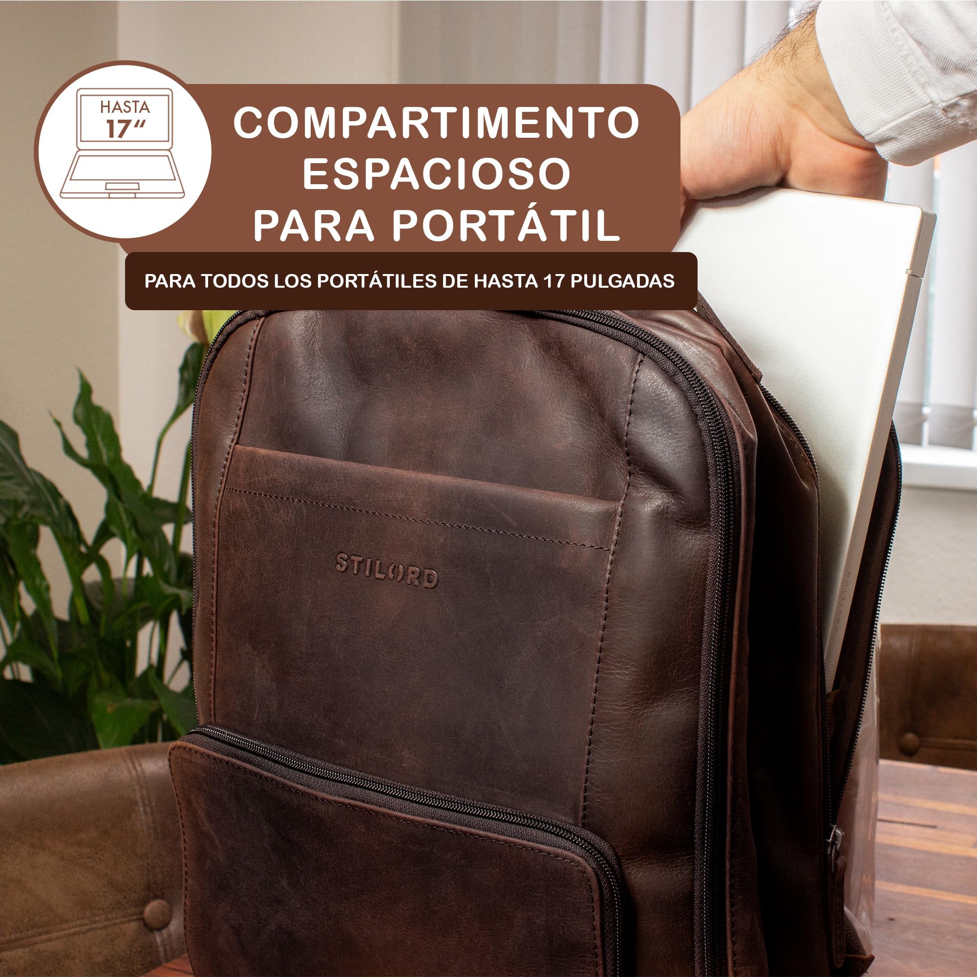 STILORD Harlow Mochila de Cuero XL para Hombres | Gran Mochila Piel de Negocios para Portátil de 15-17 Pulgadas | Sistema de Enganche al Carrito | Cuero Auténtico Color:Zamora - marrón