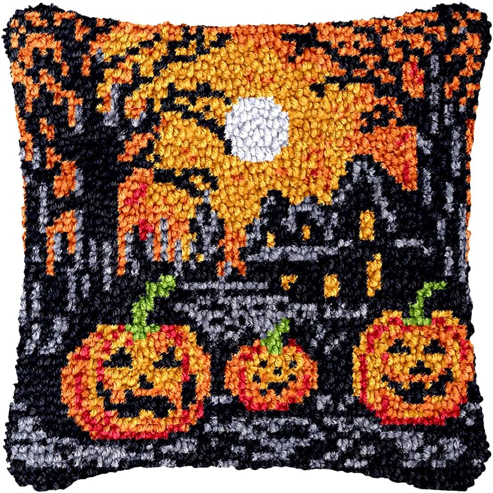 Happy Halloween Pumpkin Latch Hook Kits Pillow Printed Canvas DIY Handmade Cushion Crochet Yarn Embroidery Needlework Hook Latch Kit Pillowcase Rug Cover Christmas Home Sofa Decoration 43x43cm