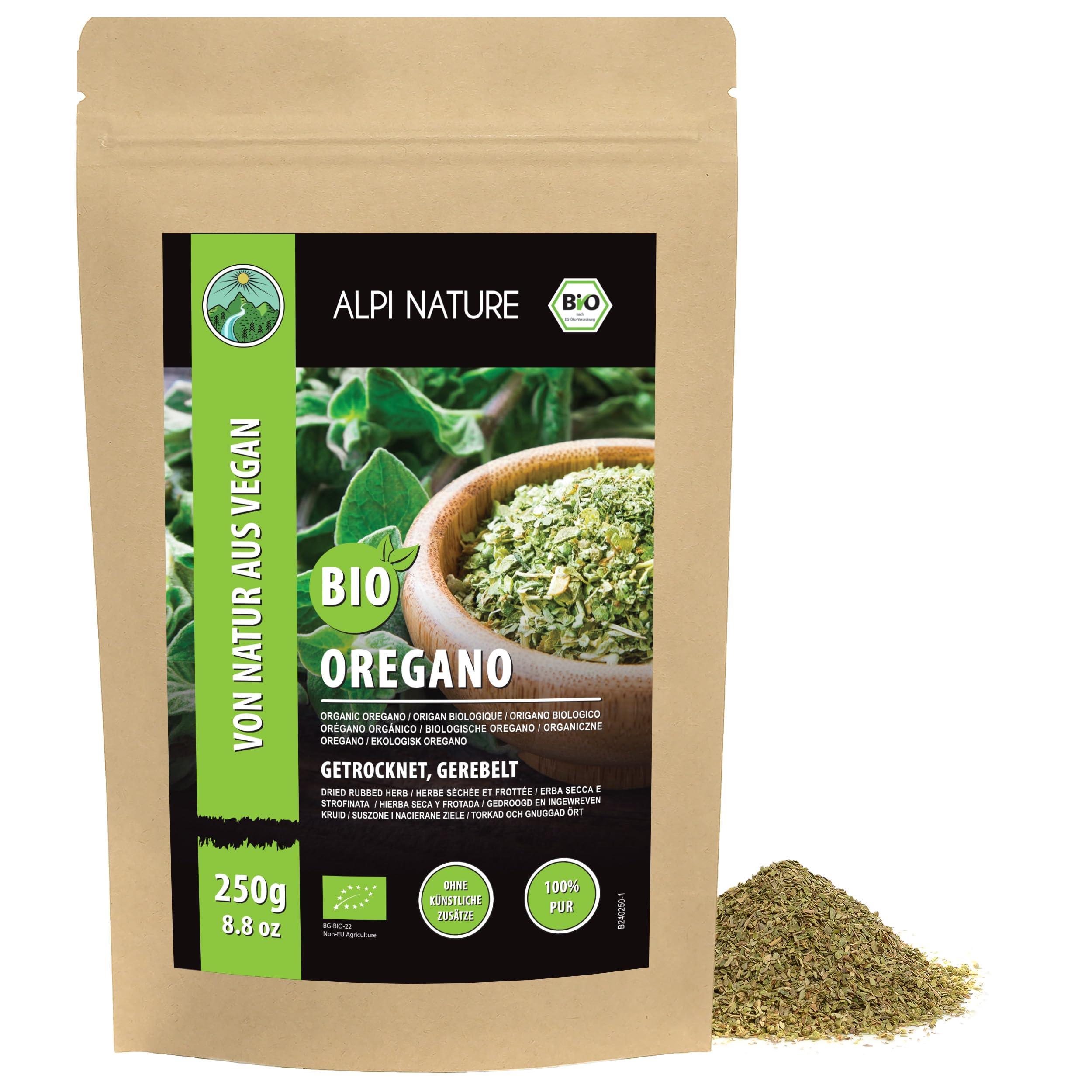Alpi Nature Bio Oreegano Reblelt (250G) Oreegano z kontrolowanej uprawy organicznej bezglutenowy bez laktozy test laboratoryjny wegański 100% naturalny bez dodatków