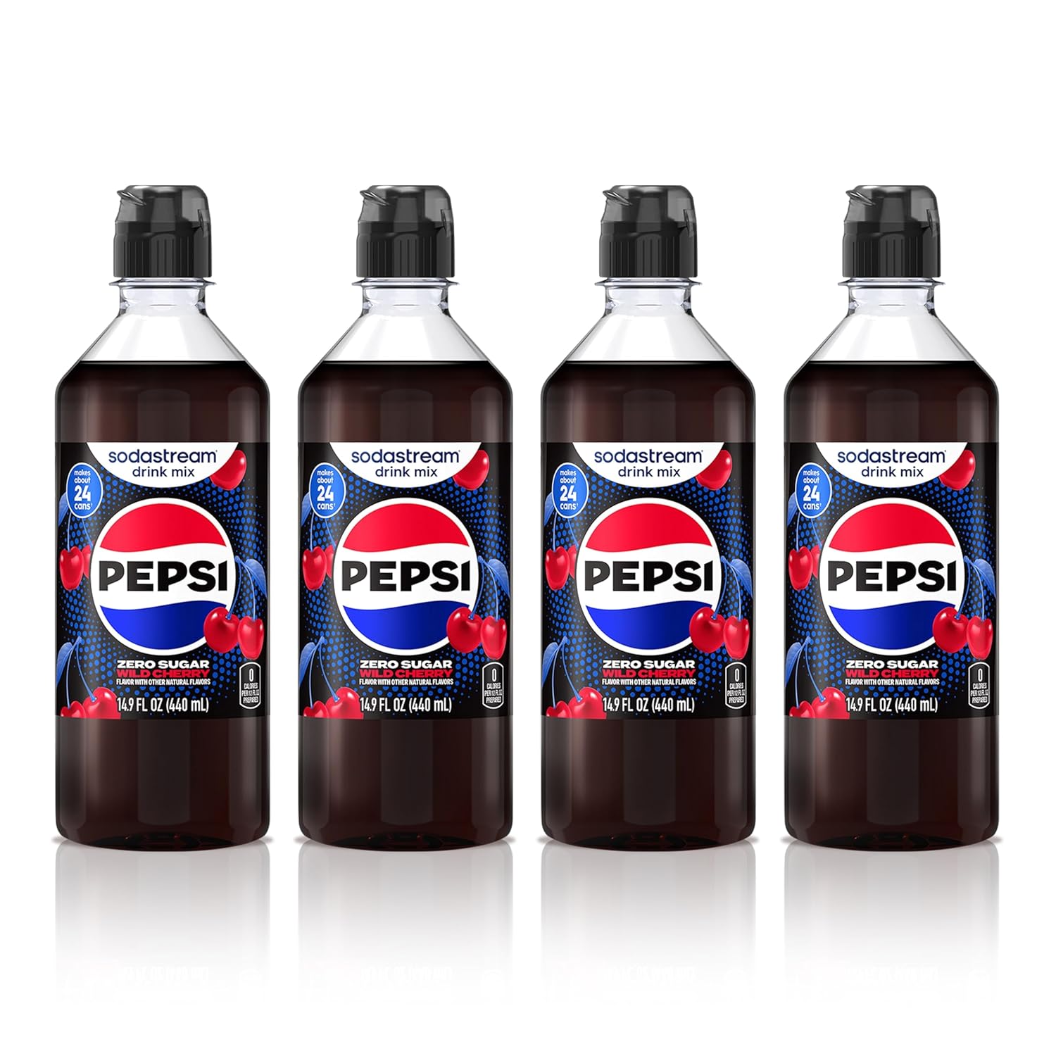 SodaStream Pepsi Wild Cherry Zero Sugar New Pour Bottles Drink Mix (440ml, Pack of 4)