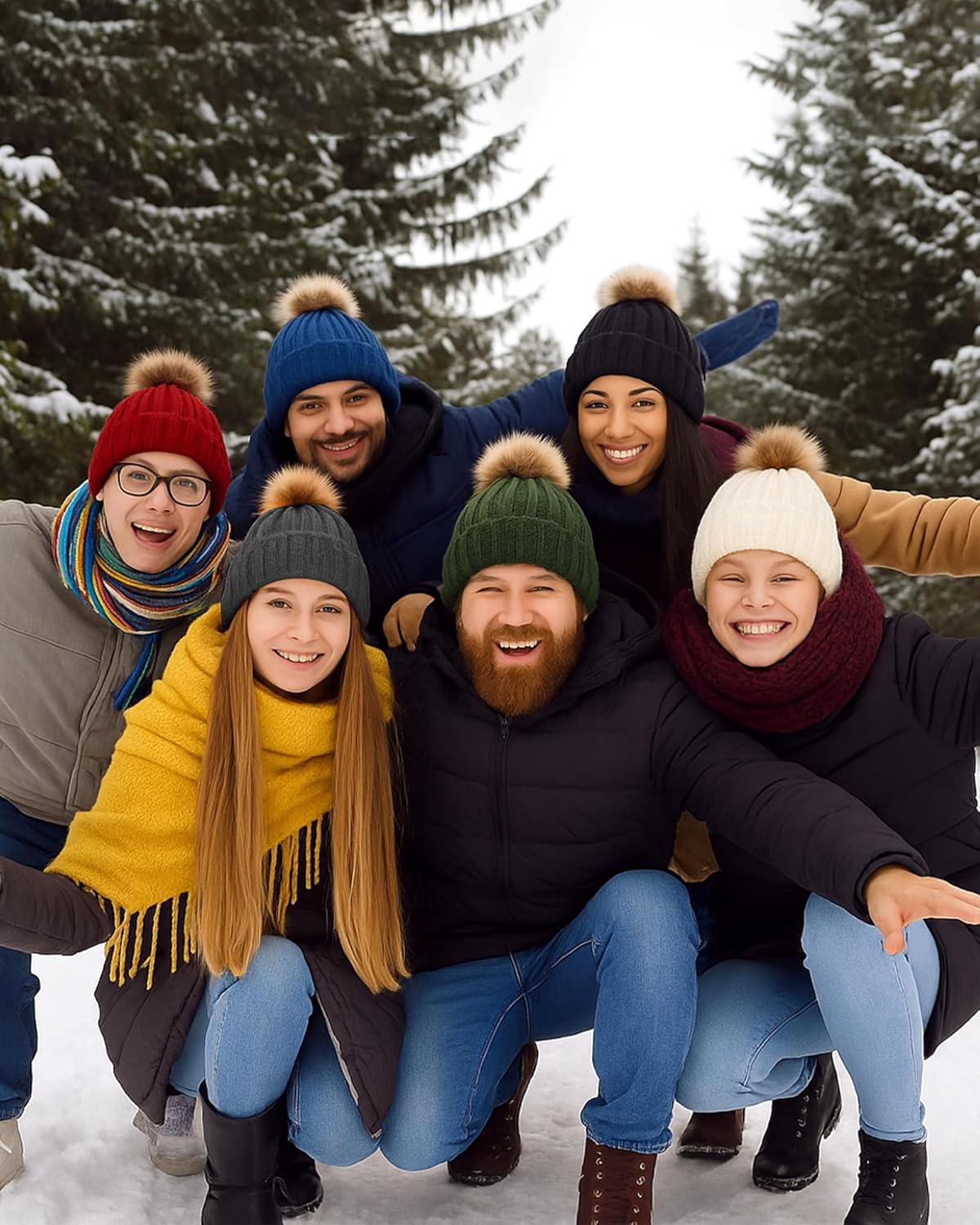 Winter Knitted Beanie Hat with Faux Fur Pom Couple Warm Skull Cap Knit Beanie Soft Ski Cap for Women Men - Image 7