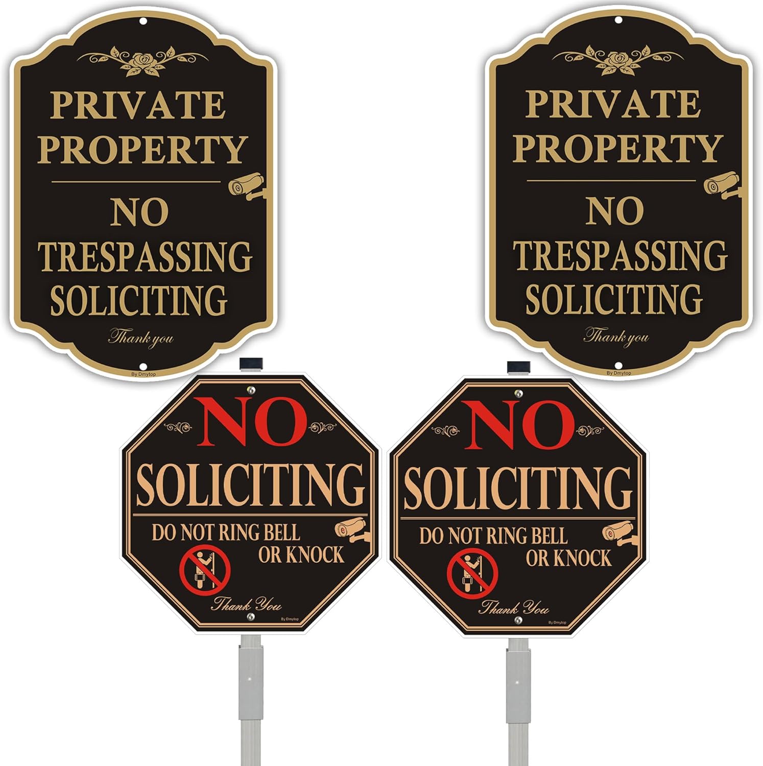 Large Private Property No Trespassing Signs - No Soliciting Sign with Alloy Long Stake,Video Surveillance Metal Sign for Yard, Rustproof & Fade Resistant, 2Pack + 2Pack