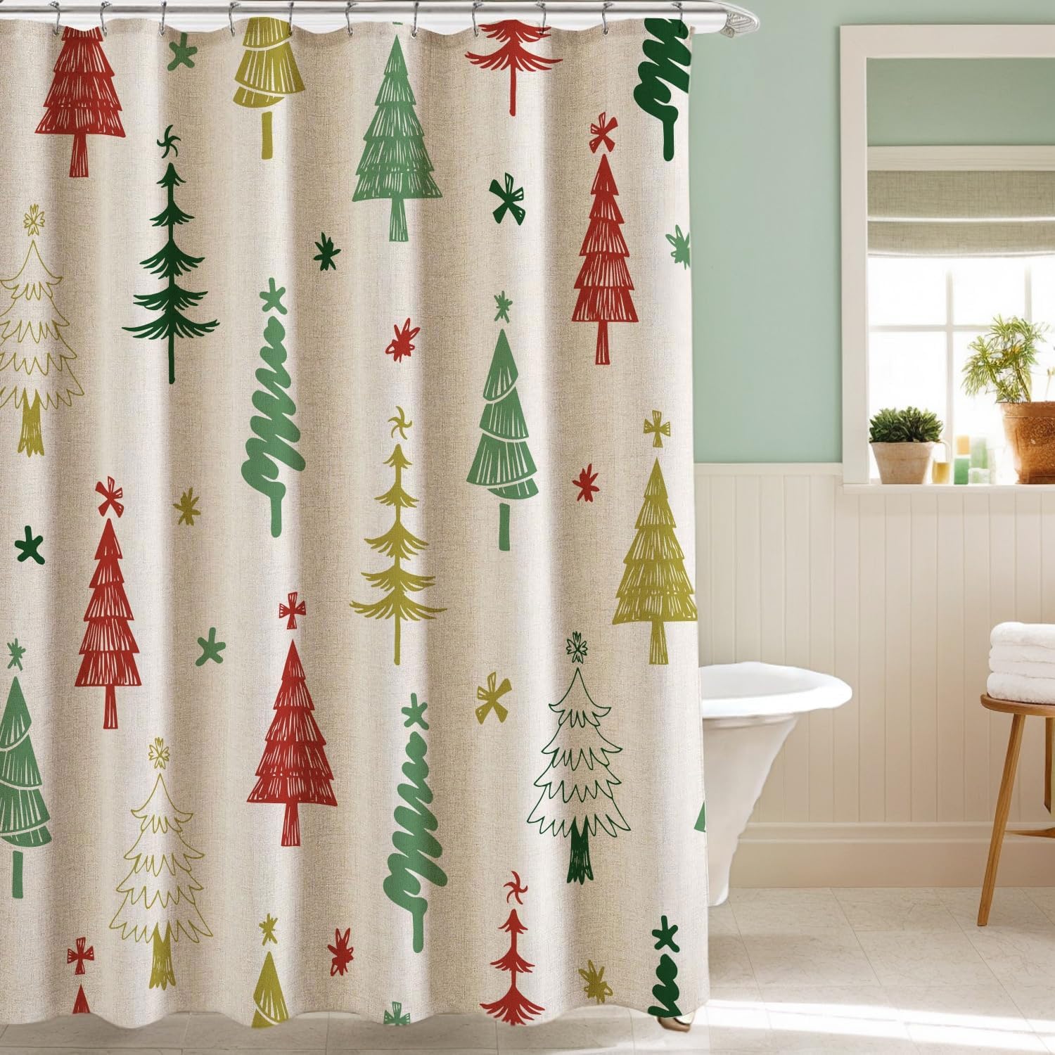 Christmas Tree Linen Shower Curtain Cartoon Winter Forest Tree Fabric Shower Curtain Set with Hooks, Colorful Fir Tree Shower Curtains for Bathroom, 71x71 Bath Curtain