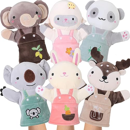 Miniatura 1 de Halloscume Juego de 6 títeres de mano de animales, títeres de mano, suaves rellenos con algodón PP, juguete de peluche para contar cuentos,