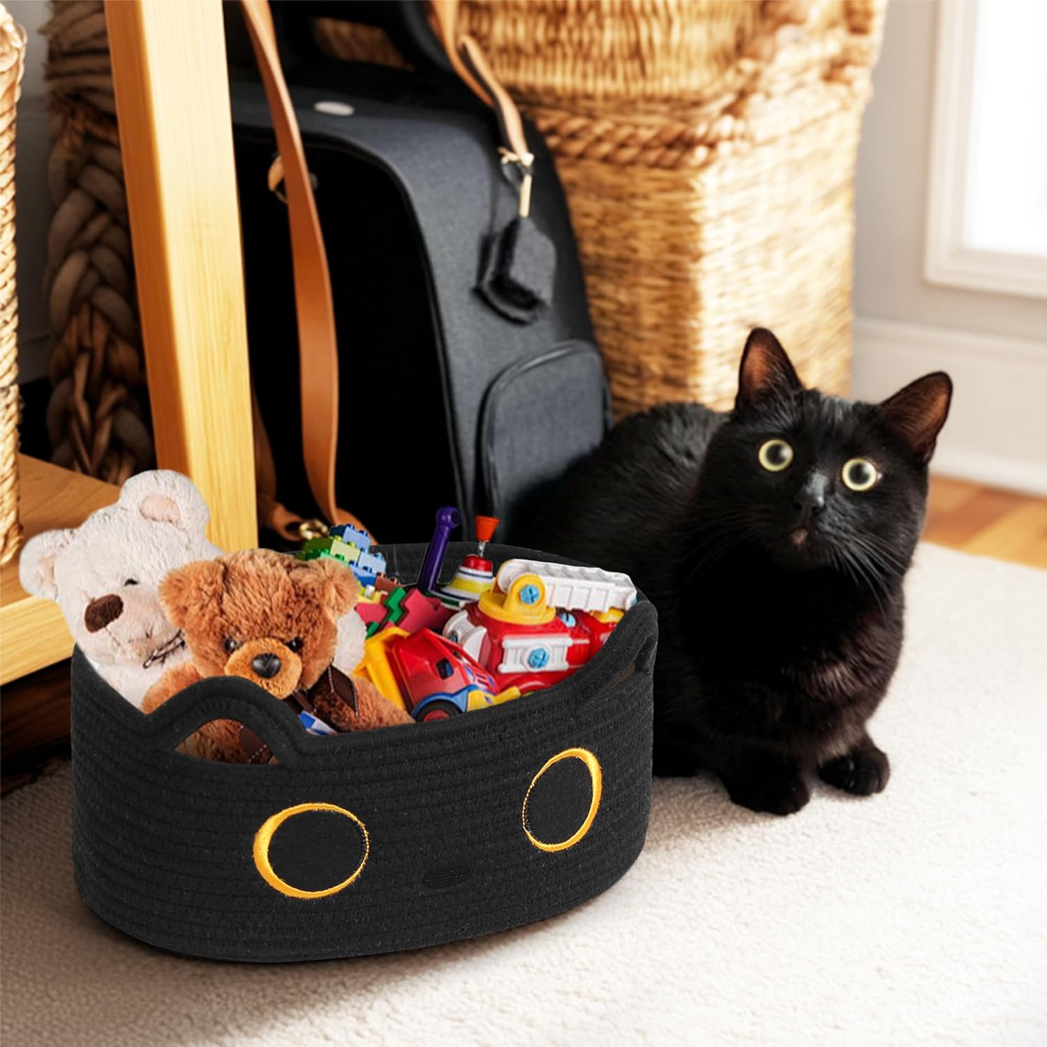 Black Cat Toy Basket, Small Woven Cat Toy Storage Box with Cute Ears Handle Indoor, Cotton Rope Storage Bin with Embroidered Face for Halloween Decor, Pet Bed, Nursery Kids Room Organization